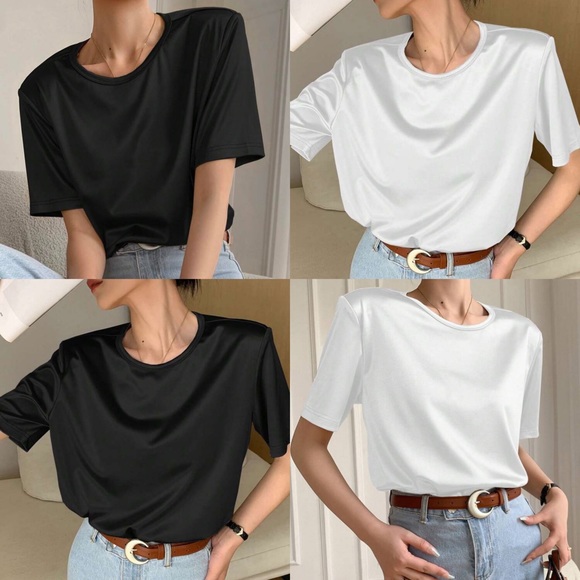 White Satin Round Neck stretchy Tee shirt - Picture 8 of 8